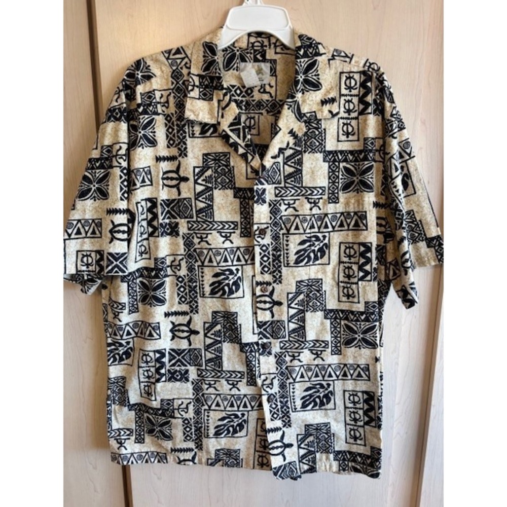 Ho Aloha Hawaiian Shirt Mens Size XL 100% Cotton Tiki Black & Beige S/S Buttons‎